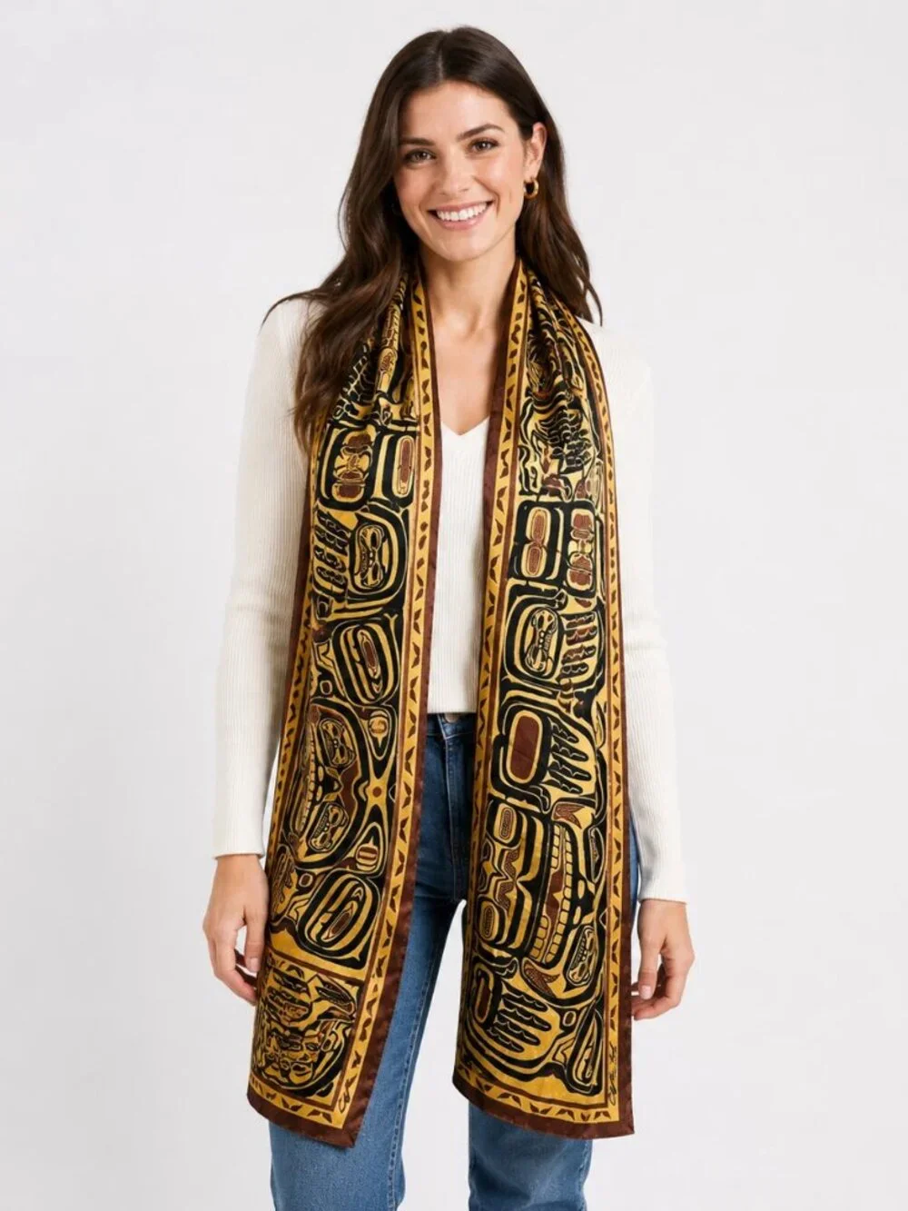 Clifton Fred Magenta 2001 Bear Box Tribal Design in Copper Oblong Scarf 60"x13" - Picture 2 of 5